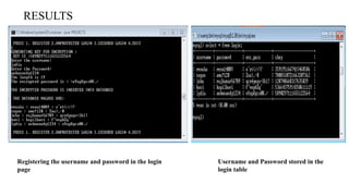 RESULTS
Registering the username and password in the login
page
Username and Password stored in the
login table
 