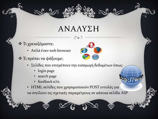 ΑΝΑΛΤ΢Η
 Σι χρειαζόμαςτε;
    • Απλϊ ϋναν web browser

 Σι πρϋπει να ψϊξουμε;
    • ΢ελύδεσ που επιτρϋπουν την ειςαγωγό δεδομϋνων όπωσ:
        • login page
        • search page
        • feedback κλπ.
    • HTML ςελύδεσ που χρηςιμοποιούν POST εντολϋσ για
    να ςτεύλουν τισ ςχετικϋσ παραμϋτρουσ ςε κϊποια ςελύδα ASP
 