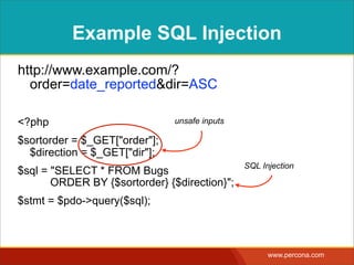 FIX WITH A WHITELIST MAP
<?php
$sortorders = array( "DEFAULT" => "bug_id", 
"status" => "status", 
"date" => "date_reported" );
$directions = array( "DEFAULT" => "ASC", 
"up" => "ASC", 
"down" => "DESC" );
application request
values
SQL identiﬁers and
keywords
 