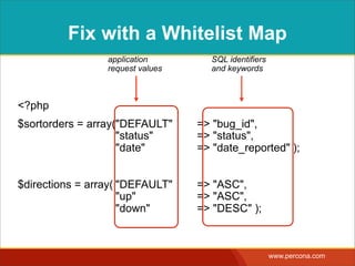 MAP USER INPUTTO SAFE
SQL
<?php
$direction = $directions[ $_GET["dir"] ] ?: $directions["DEFAULT"];
 