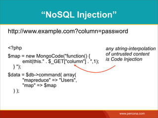MYTHS AND FALLACIES
• I don’t have to worry anymore
• Escaping is the ﬁx
• More escaping is better
• I can code an escaping function
• Only user input is unsafe
• Stored procs are the ﬁx
• SQL privileges are the ﬁx
• My app doesn’t need security
• Frameworks are the ﬁx
• Parameters quote for you
• Parameters are the ﬁx
• Parameters make queries slow
• SQL proxies are the ﬁx
• NoSQL databases are the ﬁx
there is no single silver bullet— 
use all defenses when appropriate
 