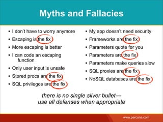 LICENSE AND COPYRIGHT
Copyright 2010-2015 Bill Karwin
www.slideshare.net/billkarwin
Released under a Creative Commons 3.0 License:  
http://creativecommons.org/licenses/by-nc-nd/3.0/
You are free to share - to copy, distribute and  
transmit this work, under the following conditions:
Attribution.  
You must attribute this work to Bill
Karwin.
Noncommercial.  
You may not use this work for
commercial purposes.
No Derivative Works.  
You may not alter, transform, or build
upon this work.
 