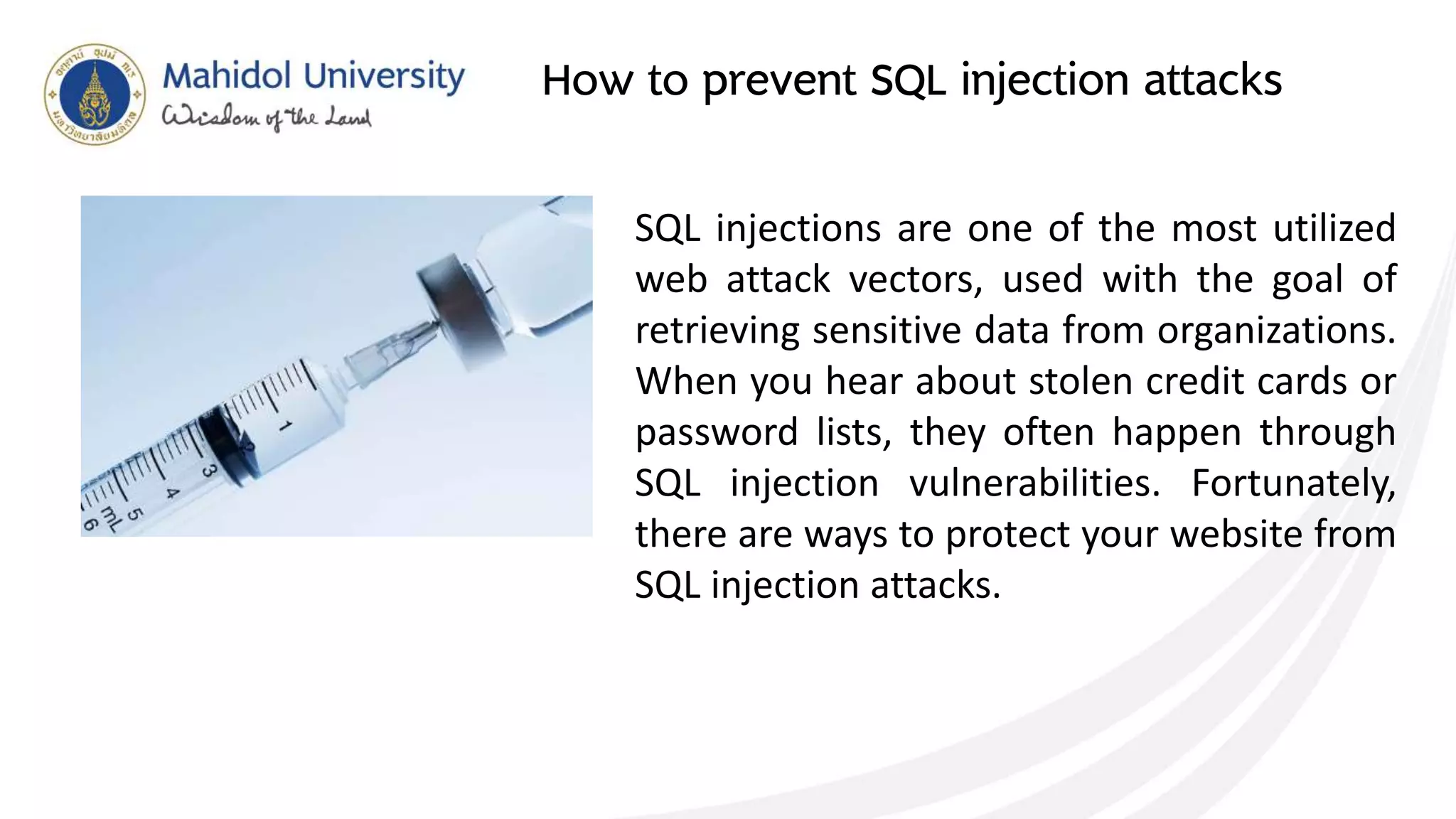 SQL injection prevention techniques | PPTX | Databases | Computer ...