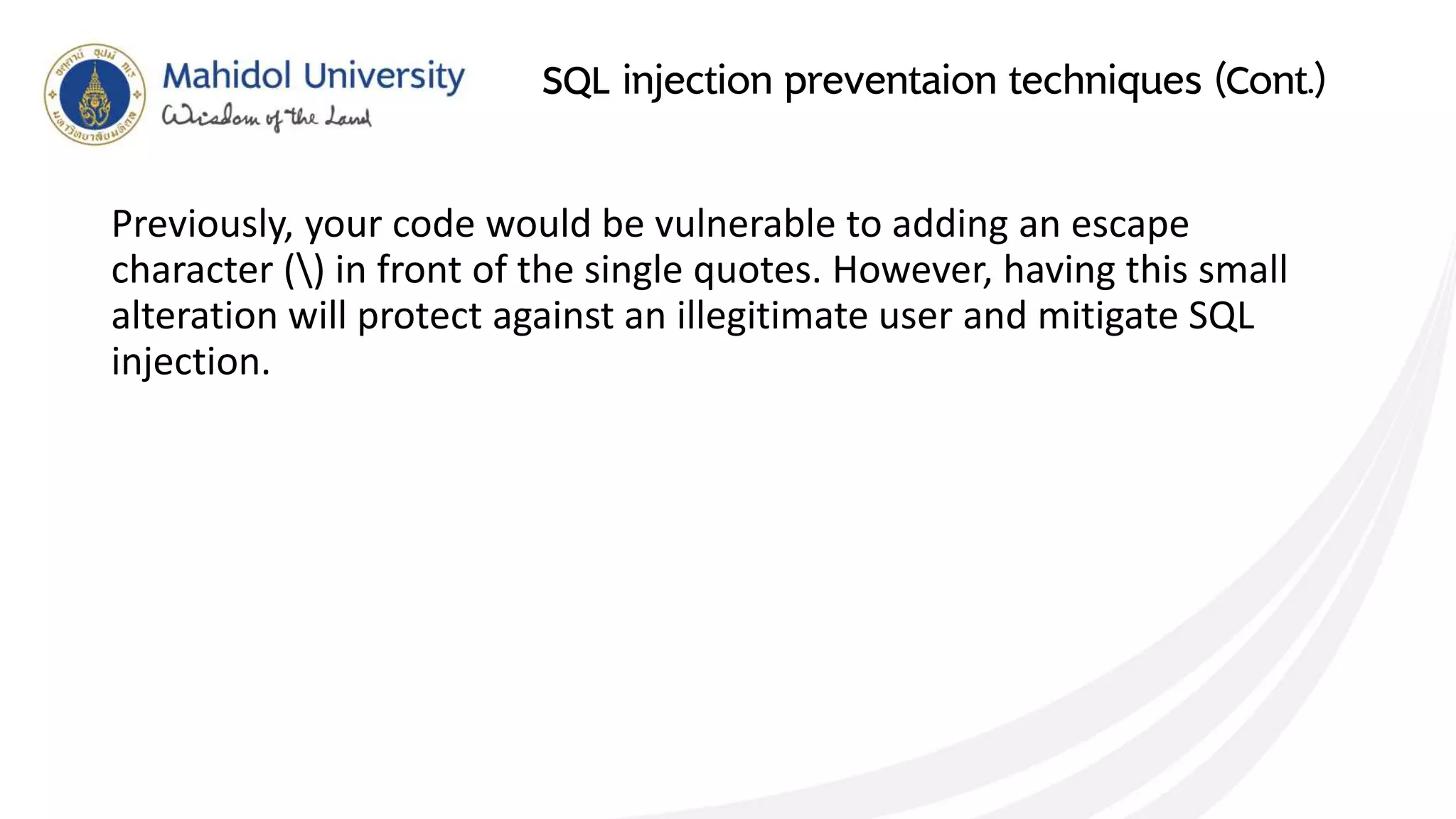 SQL injection prevention techniques | PPTX | Databases | Computer ...