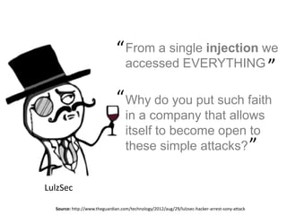 From a single injection we
accessed EVERYTHING
Why do you put such faith
in a company that allows
itself to become open to
these simple attacks?
“
”
“
”
LulzSec
Source: http://www.theguardian.com/technology/2012/aug/29/lulzsec-hacker-arrest-sony-attack
 