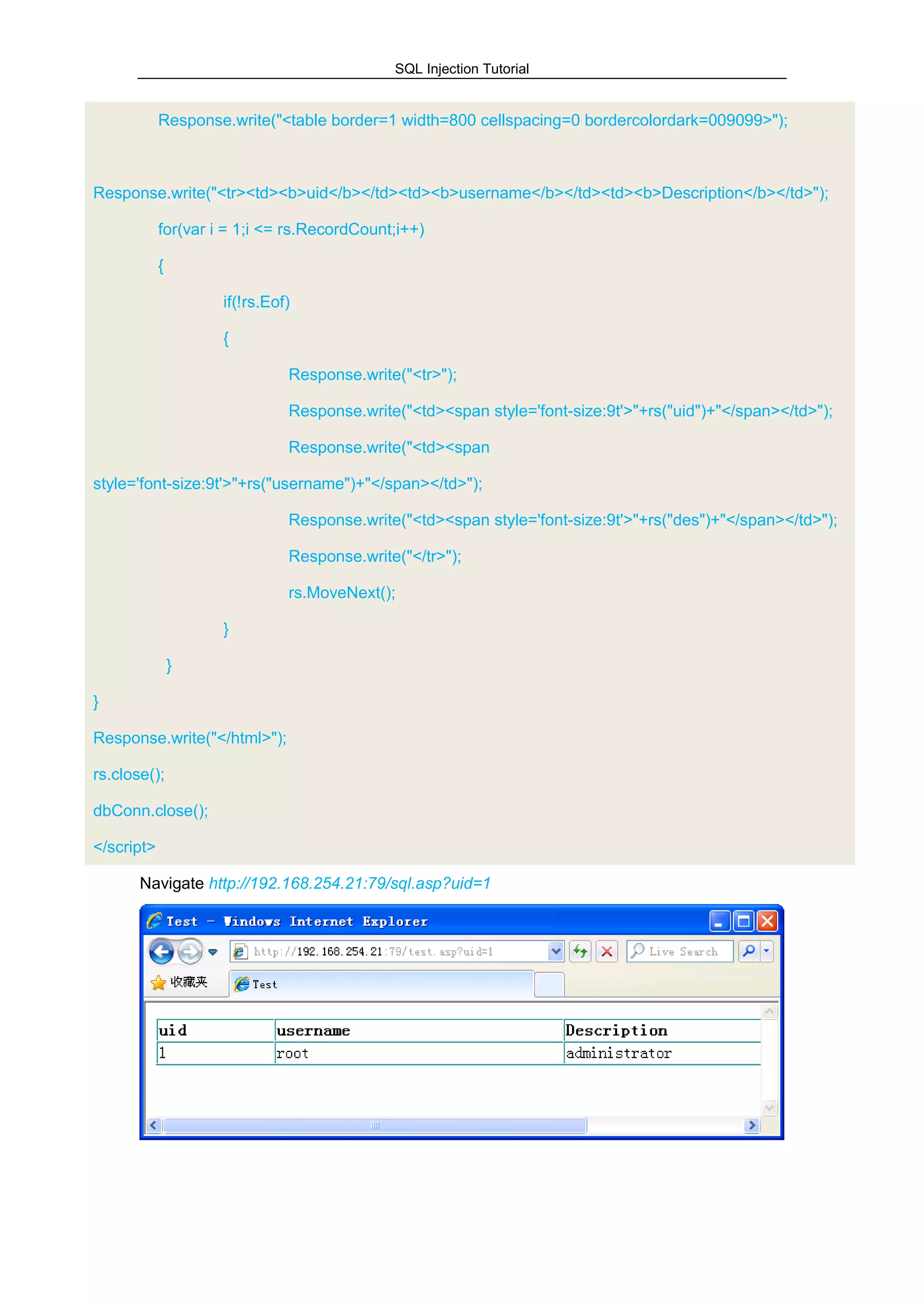 SQL Injection Tutorial
Response.write("<table border=1 width=800 cellspacing=0 bordercolordark=009099>");
Response.write("<tr><td><b>uid</b></td><td><b>username</b></td><td><b>Description</b></td>");
for(var i = 1;i <= rs.RecordCount;i++)
{
if(!rs.Eof)
{
Response.write("<tr>");
Response.write("<td><span style='font-size:9t'>"+rs("uid")+"</span></td>");
Response.write("<td><span
style='font-size:9t'>"+rs("username")+"</span></td>");
Response.write("<td><span style='font-size:9t'>"+rs("des")+"</span></td>");
Response.write("</tr>");
rs.MoveNext();
}
}
}
Response.write("</html>");
rs.close();
dbConn.close();
</script>
Navigate http://192.168.254.21:79/sql.asp?uid=1
 