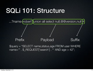 SQLi 101: Structure
              ...?name=robert’ union all select null,@@version,null #




                          Preﬁx      Payload               Sufﬁx
               $query = “SELECT name,status,age FROM user WHERE
               name=’” . $_REQUEST[‘search’] . “‘ AND age > 42”;




Tuesday, December 4, 12                                                 5
 