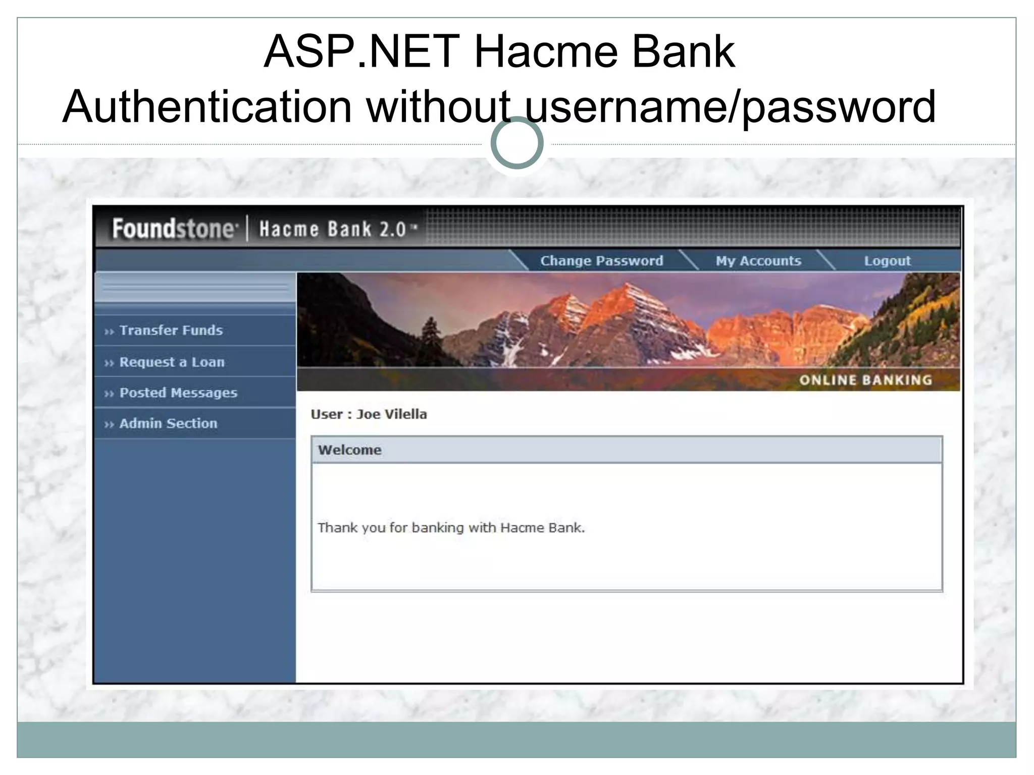ASP.NET Hacme Bank
Authentication without username/password
 