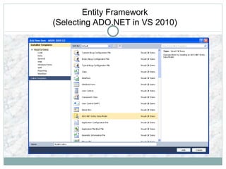 Entity Framework
(Selecting ADO.NET in VS 2010)
 