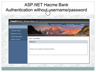 ASP.NET Hacme Bank
Authentication without username/password
 