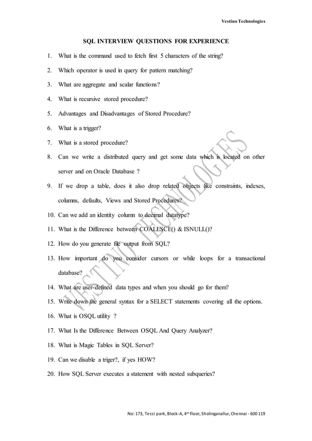 SQL interview questions for experience | PDF