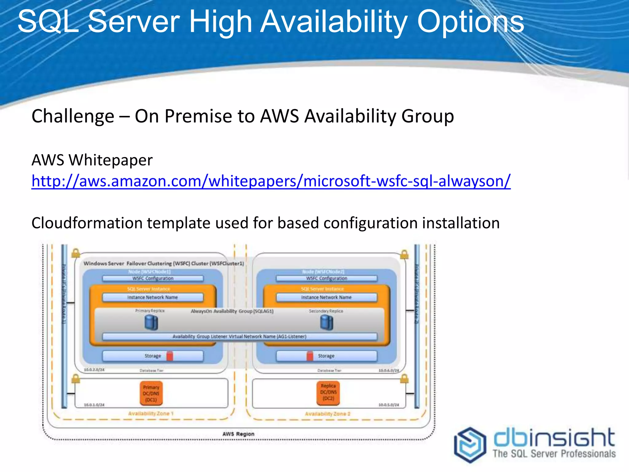 SQL Server High Availability Options Challenge – On Premise to AWS Availability Group AWS Whitepaper http://aws.amazon.com/whitepapers/microsoft-wsfc-sql-alwayson/ Cloudformation template used for based configuration installation 