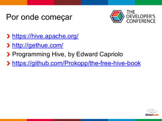 Globalcode	– Open4education
Por onde começar
https://hive.apache.org/
http://gethue.com/
Programming Hive, by Edward Capriolo
https://github.com/Prokopp/the-free-hive-book
 