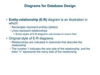 Diagrams for Database Design
• Entity-relationship (E-R) diagram is an illustration in
which:
• Rectangles represent entities (tables)
• Lines represent relationships
• Some styles of E-R diagrams use arrows or crow’s foot
• Original style of E-R diagrams
• Relationships are indicated in diamonds that describe the
relationship
• The number 1 indicates the one side of the relationship, and the
letter “n” represents the many side of the relationship
 