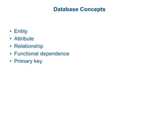 Database Concepts
• Entity
• Attribute
• Relationship
• Functional dependence
• Primary key
 