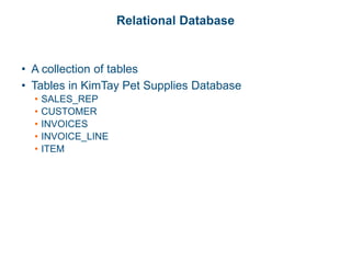 Relational Database
• A collection of tables
• Tables in KimTay Pet Supplies Database
• SALES_REP
• CUSTOMER
• INVOICES
• INVOICE_LINE
• ITEM
 