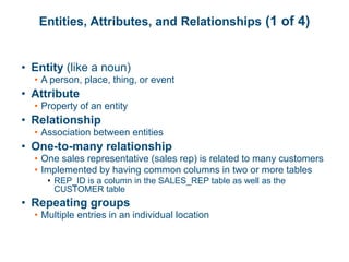 Entities, Attributes, and Relationships (1 of 4)
• Entity (like a noun)
• A person, place, thing, or event
• Attribute
• Property of an entity
• Relationship
• Association between entities
• One-to-many relationship
• One sales representative (sales rep) is related to many customers
• Implemented by having common columns in two or more tables
• REP_ID is a column in the SALES_REP table as well as the
CUSTOMER table
• Repeating groups
• Multiple entries in an individual location
 