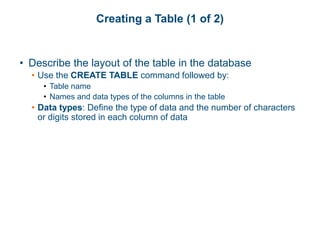 Creating a Table (1 of 2)
• Describe the layout of the table in the database
• Use the CREATE TABLE command followed by:
• Table name
• Names and data types of the columns in the table
• Data types: Define the type of data and the number of characters
or digits stored in each column of data
 
