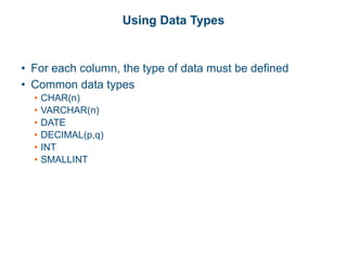 Using Data Types
• For each column, the type of data must be defined
• Common data types
• CHAR(n)
• VARCHAR(n)
• DATE
• DECIMAL(p,q)
• INT
• SMALLINT
 