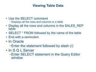 Viewing Table Data
• Use the SELECT command
• Displays all the rows and columns in a table
• Display all the rows and columns in the SALES_REP
table
• SELECT * FROM followed by the name of the table
• End with a semicolon
• In Oracle
• Enter the statement followed by slash (/)
• In S Q L Server
• Enter SELECT statement in the Query Editor
window
 
