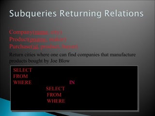 SELECT Company.city
FROM Company
WHERE Company.name IN
(SELECT Product.maker
FROM Purchase , Product
WHERE Product.pname=Purchase.product
AND Purchase .buyer = ‘Joe Blow‘);
SELECT Company.city
FROM Company
WHERE Company.name IN
(SELECT Product.maker
FROM Purchase , Product
WHERE Product.pname=Purchase.product
AND Purchase .buyer = ‘Joe Blow‘);
Return cities where one can find companies that manufacture
products bought by Joe Blow
Company(name, city)
Product(pname, maker)
Purchase(id, product, buyer)
 