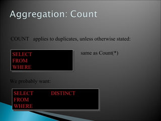 COUNT applies to duplicates, unless otherwise stated:
SELECT Count(category)
FROM Product
WHERE year > 1995
SELECT Count(category)
FROM Product
WHERE year > 1995
same as Count(*)
We probably want:
SELECT Count(DISTINCT category)
FROM Product
WHERE year > 1995
SELECT Count(DISTINCT category)
FROM Product
WHERE year > 1995
 