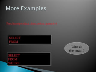 Purchase(product, date, price, quantity)
SELECT Sum(price * quantity)
FROM Purchase
SELECT Sum(price * quantity)
FROM Purchase
SELECT Sum(price * quantity)
FROM Purchase
WHERE product = ‘bagel’
SELECT Sum(price * quantity)
FROM Purchase
WHERE product = ‘bagel’
What do
they mean ?
 