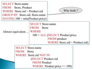SELECT Store.name
FROM Store, Product
WHERE Store.sid = Product.sid
GROUP BY Store.sid, Store.name
HAVING 100 < min(Product.price)
SELECT Store.name
FROM Store, Product
WHERE Store.sid = Product.sid
GROUP BY Store.sid, Store.name
HAVING 100 < min(Product.price)
SELECT Store.name
FROM Store
WHERE Store.sid NOT IN
(SELECT Product.sid
FROM Product
WHERE Product.price <= 100)
SELECT Store.name
FROM Store
WHERE Store.sid NOT IN
(SELECT Product.sid
FROM Product
WHERE Product.price <= 100)
SELECT Store.name
FROM Store
WHERE
100 < ALL (SELECT Product.price
FROM product
WHERE Store.sid = Product.sid)
SELECT Store.name
FROM Store
WHERE
100 < ALL (SELECT Product.price
FROM product
WHERE Store.sid = Product.sid)
Almost equivalent…
Why both ?
 