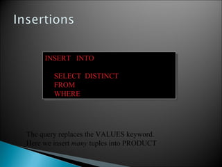 INSERT INTO PRODUCT(name)
SELECT DISTINCT Purchase.product
FROM Purchase
WHERE Purchase.date > “10/26/01”
INSERT INTO PRODUCT(name)
SELECT DISTINCT Purchase.product
FROM Purchase
WHERE Purchase.date > “10/26/01”
The query replaces the VALUES keyword.
Here we insert many tuples into PRODUCT
 