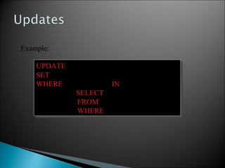 UPDATE PRODUCT
SET price = price/2
WHERE Product.name IN
(SELECT product
FROM Purchase
WHERE Date =‘Oct, 25, 1999’);
UPDATE PRODUCT
SET price = price/2
WHERE Product.name IN
(SELECT product
FROM Purchase
WHERE Date =‘Oct, 25, 1999’);
Example:
 
