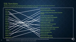 Note: the 7 first functions on the left hand side are aggregation functions and run only with the “group by” command which comes after the where
statement.
All the fields in the select statement which aren’t aggregated needs to figure in the group by statement
13
 