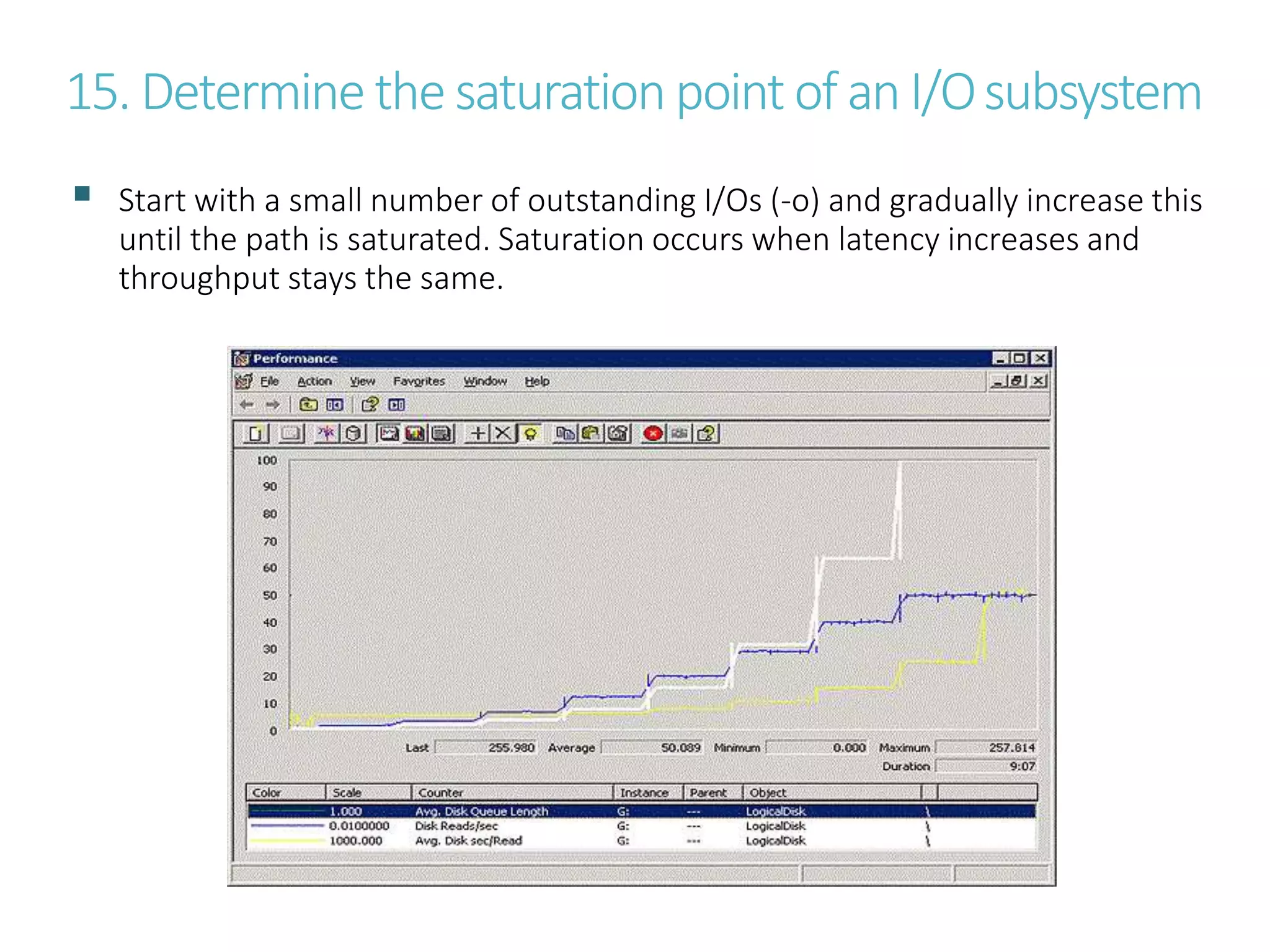 15. Determine the saturation point of an I/Osubsystem
 Start with a small number of outstanding I/Os (-o) and gradually increase this
until the path is saturated. Saturation occurs when latency increases and
throughput stays the same.
 