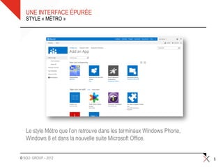 UNE INTERFACE ÉPURÉE
   STYLE « MÉTRO »




   Le style Métro que l’on retrouve dans les terminaux Windows Phone,
   Windows 8 et dans la nouvelle suite Microsoft Office.


© SQLI GROUP – 2012                                                     5
 
