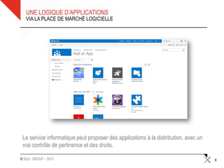 UNE LOGIQUE D’APPLICATIONS
   VIA LA PLACE DE MARCHÉ LOGICIELLE




 Le service informatique peut proposer des applications à la distribution, avec un
 vrai contrôle de pertinence et des droits.

© SQLI GROUP – 2012                                                                  8
 