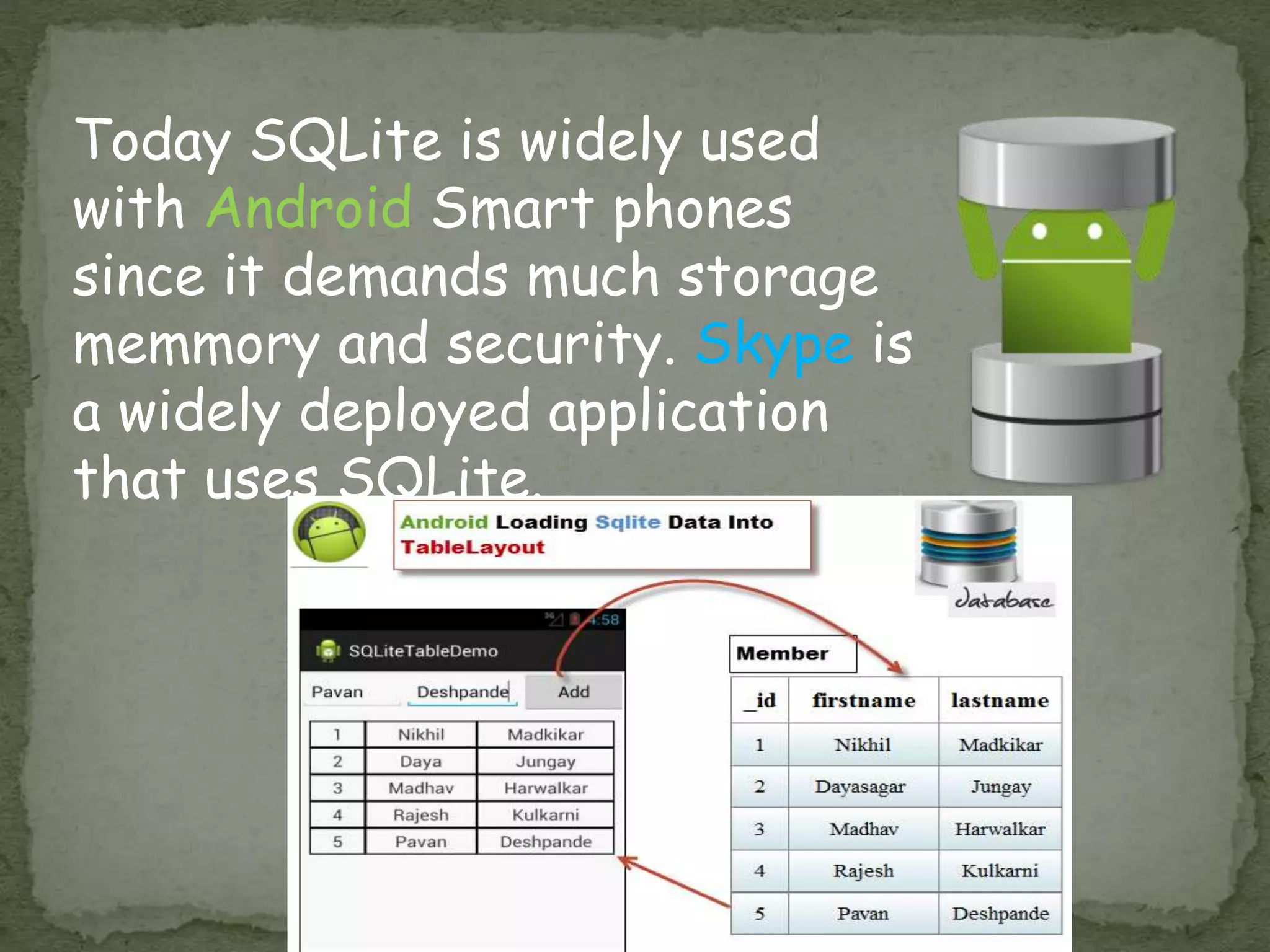 Today SQLite is widely used
with Android Smart phones
since it demands much storage
memmory and security. Skype is
a widely deployed application
that uses SQLite.
 