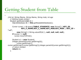 Getting Student from Table
•
//int id, String fName, String lName, String mob, int age
// Getting single contact
Student getStudent(int id) {
SQLiteDatabase db = this.getReadableDatabase();
Cursor cursor = db.query(TABLE_STUDENTS, new String[] { KEY_ID,
KEY_F_NAME,KEY_L_NAME,KEY_MOB,KEY_MOB }, KEY_ID +
"=?",
new String[] { String.valueOf(id) }, null, null, null, null);
if (cursor != null)
cursor.moveToFirst();
Student s1 = new Student(
Integer.parseInt(cursor.getString(0)),
cursor.getString(1),
cursor.getString(2),cursor.getString(3),Integer.parseInt(cursor.getString(4)));
// return contact
return s1;
}
 