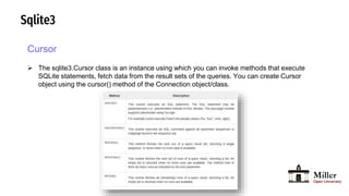 Sqlite3
Cursor
 The sqlite3.Cursor class is an instance using which you can invoke methods that execute
SQLite statements, fetch data from the result sets of the queries. You can create Cursor
object using the cursor() method of the Connection object/class.
 