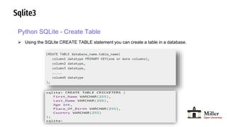 Sqlite3
Python SQLite - Create Table
 Using the SQLite CREATE TABLE statement you can create a table in a database.
 