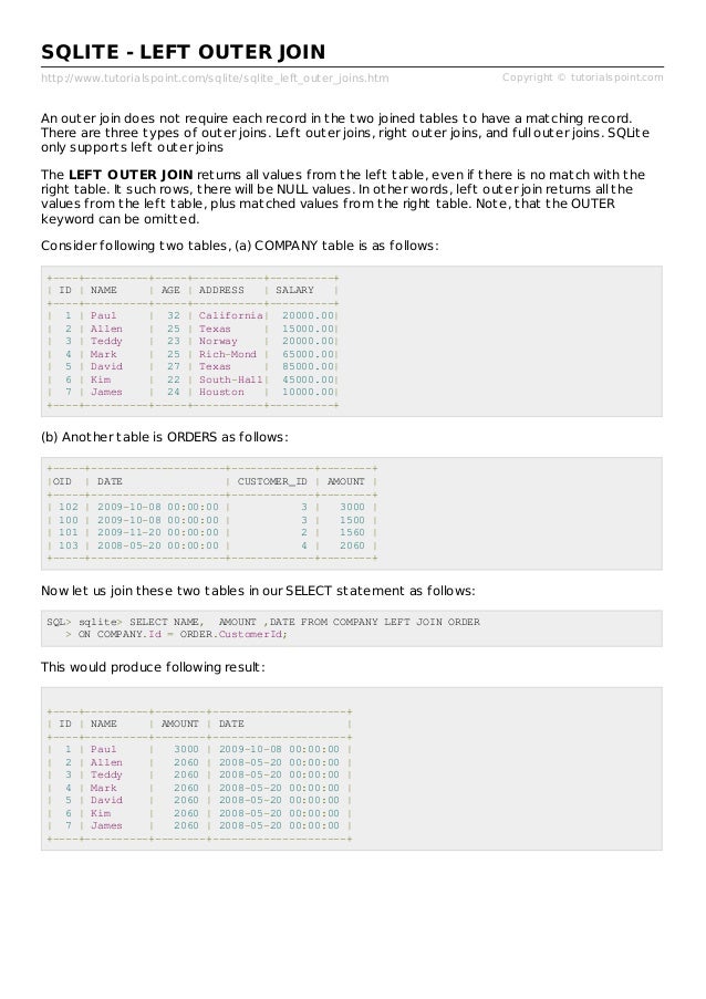 Sqlite Left Outer Joins