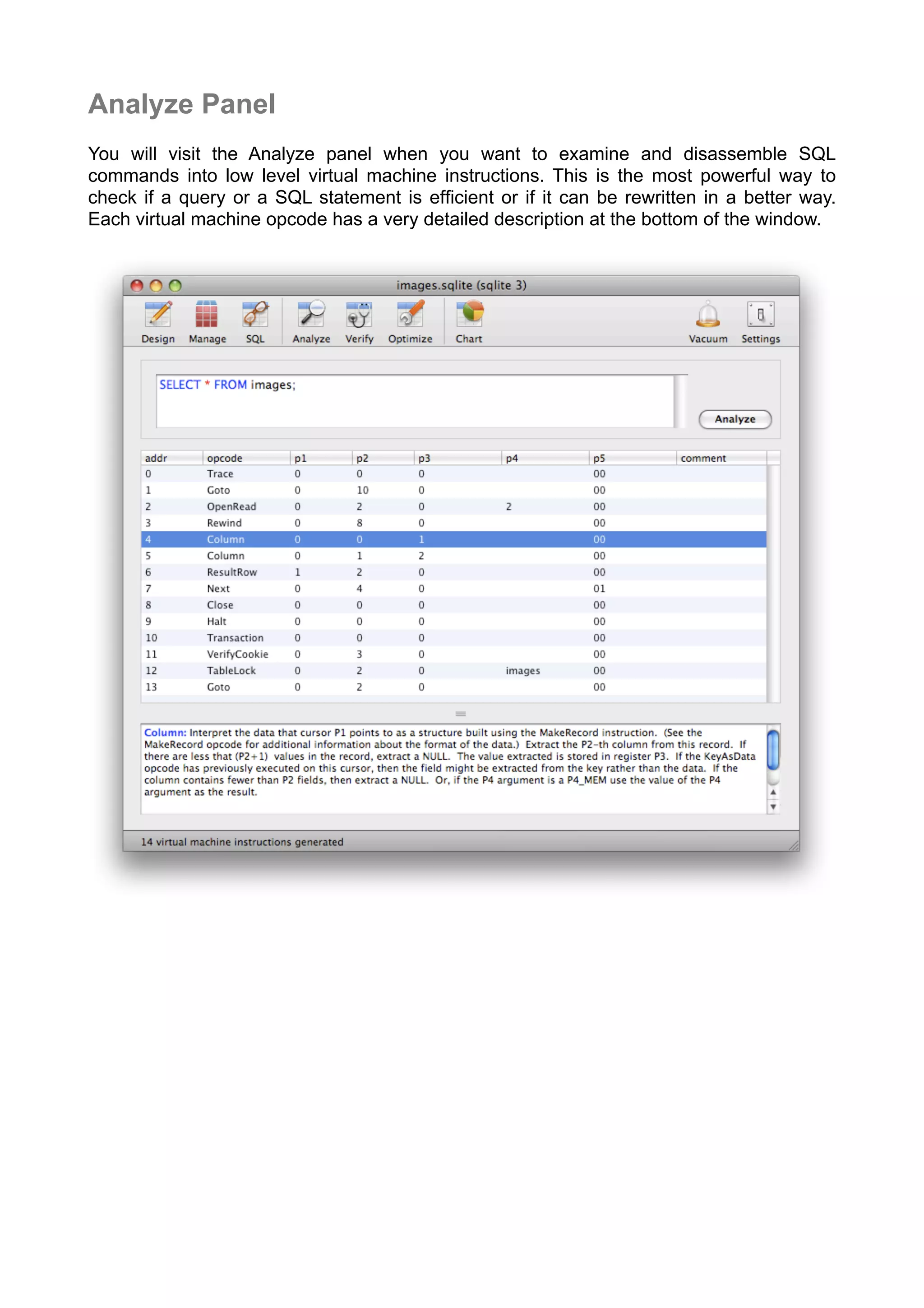 Analyze Panel
You will visit the Analyze panel when you want to examine and disassemble SQL
commands into low level virtual machine instructions. This is the most powerful way to
check if a query or a SQL statement is efﬁcient or if it can be rewritten in a better way.
Each virtual machine opcode has a very detailed description at the bottom of the window.
 