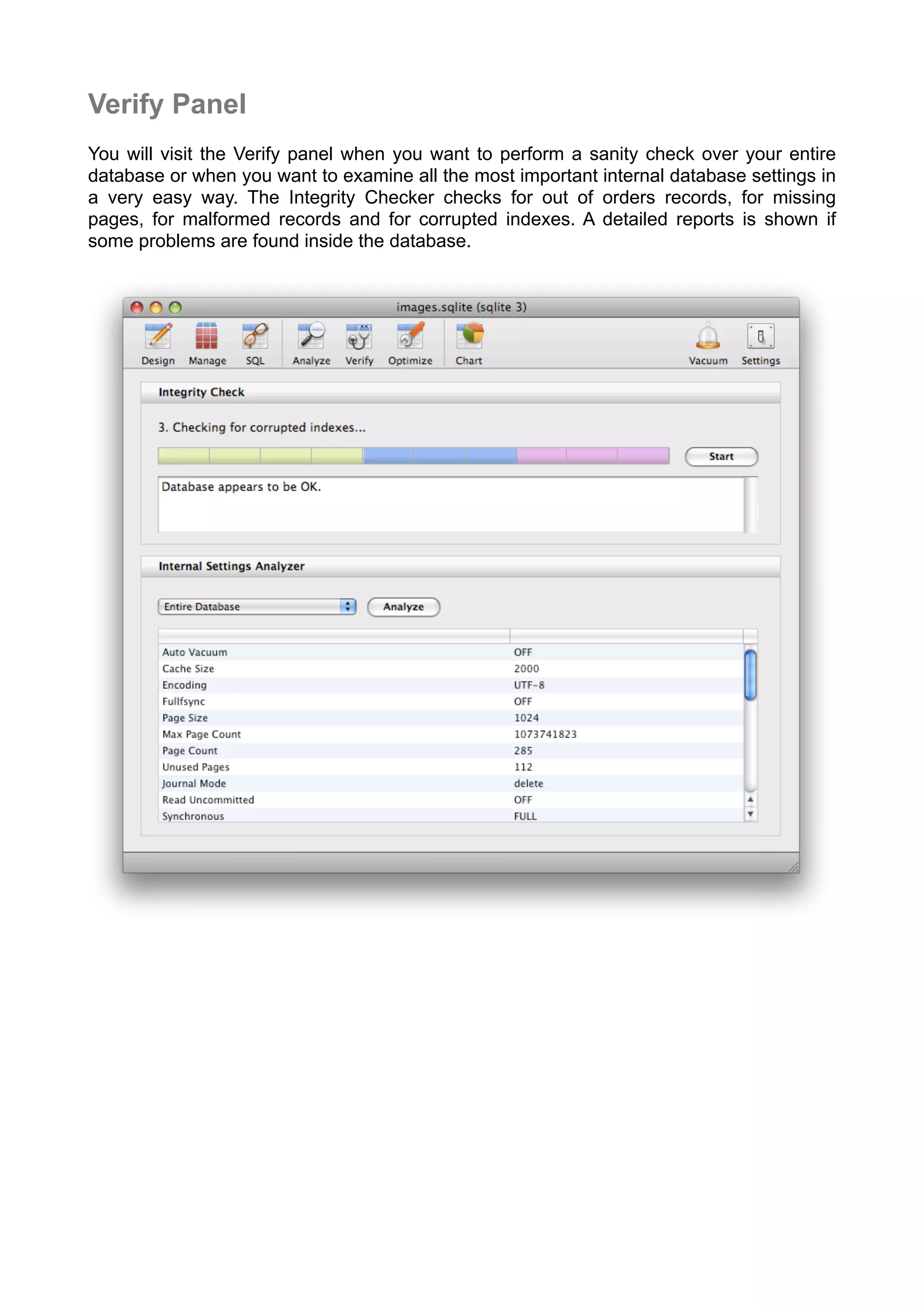 Verify Panel
You will visit the Verify panel when you want to perform a sanity check over your entire
database or when you want to examine all the most important internal database settings in
a very easy way. The Integrity Checker checks for out of orders records, for missing
pages, for malformed records and for corrupted indexes. A detailed reports is shown if
some problems are found inside the database.
 
