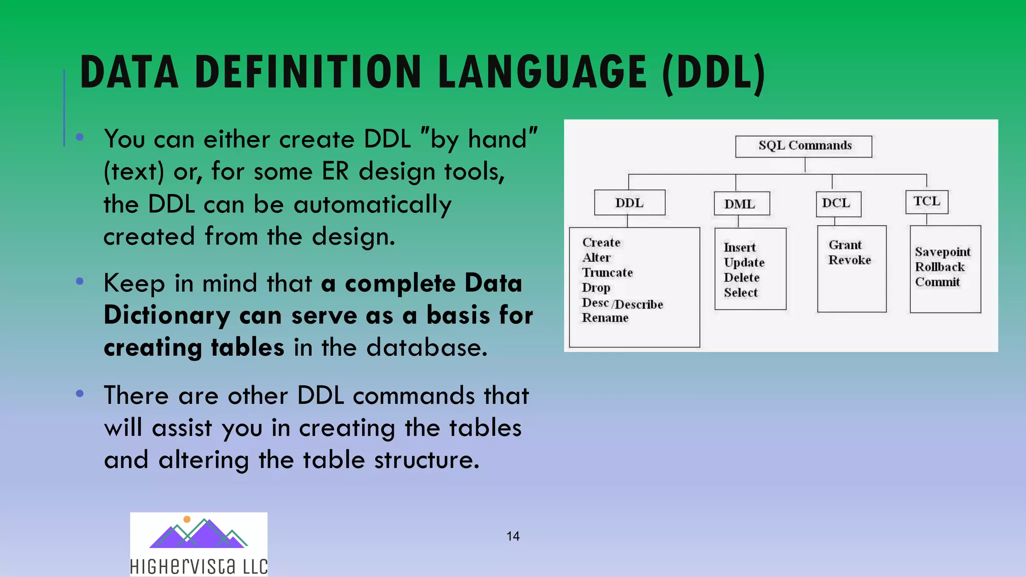 14
DATA DEFINITION LANGUAGE (DDL)
• You can either create DDL ″by hand″
(text) or, for some ER design tools,
the DDL can be automatically
created from the design.
• Keep in mind that a complete Data
Dictionary can serve as a basis for
creating tables in the database.
• There are other DDL commands that
will assist you in creating the tables
and altering the table structure.
 