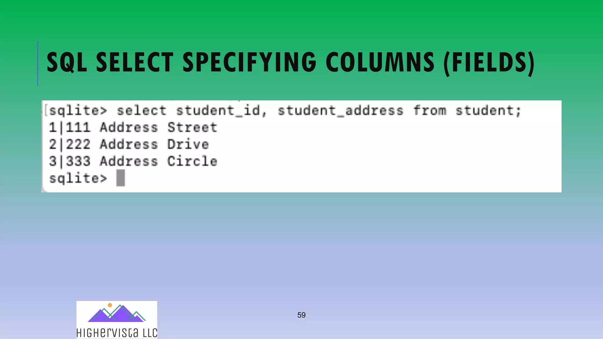 59
SQL SELECT SPECIFYING COLUMNS (FIELDS)
 