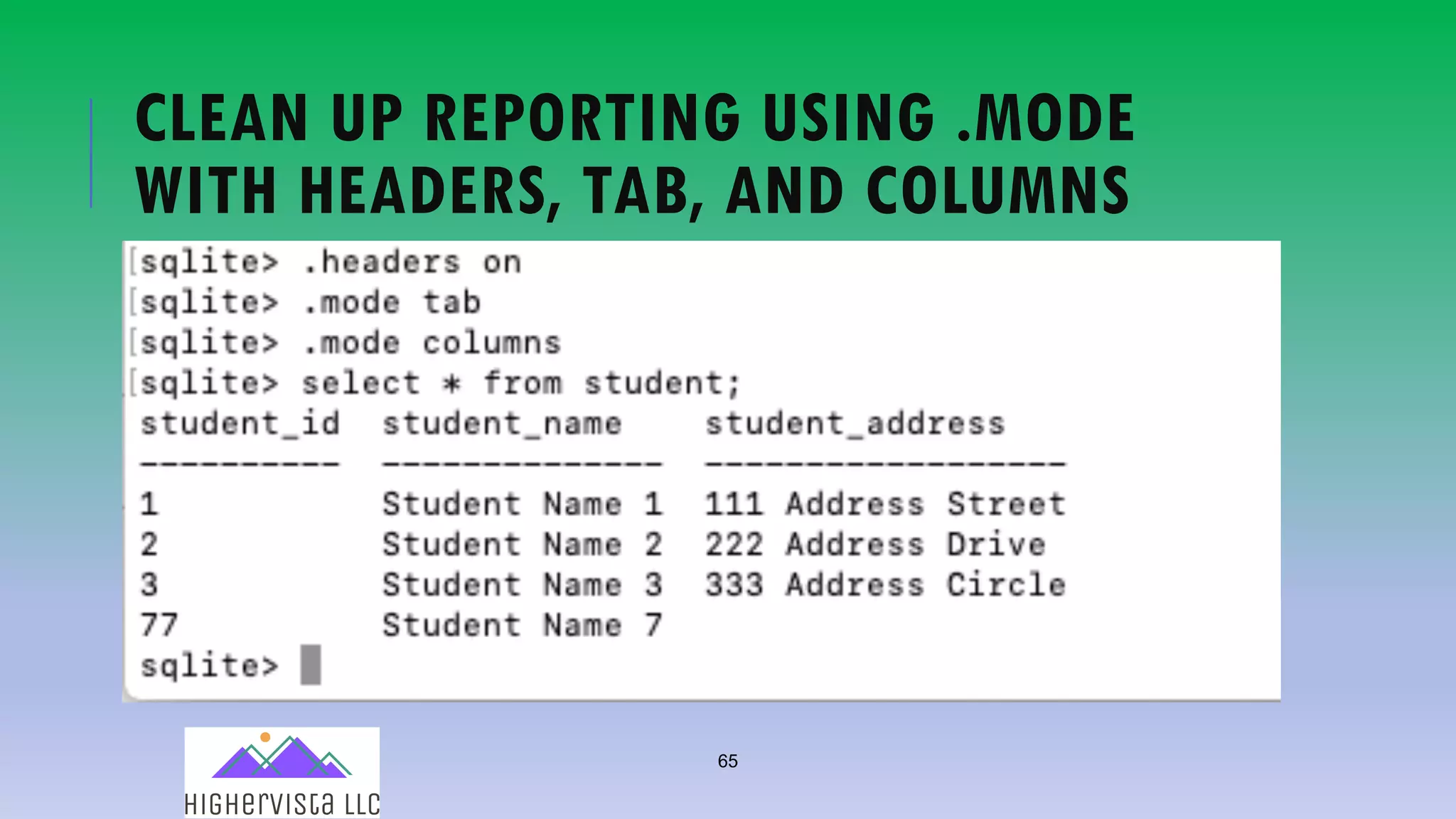 65
CLEAN UP REPORTING USING .MODE
WITH HEADERS, TAB, AND COLUMNS
 
