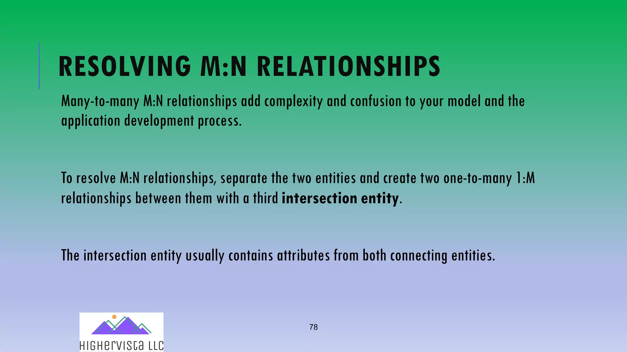 78
RESOLVING M:N RELATIONSHIPS
Many-to-many M:N relationships add complexity and confusion to your model and the
application development process.
To resolve M:N relationships, separate the two entities and create two one-to-many 1:M
relationships between them with a third intersection entity.
The intersection entity usually contains attributes from both connecting entities.
 