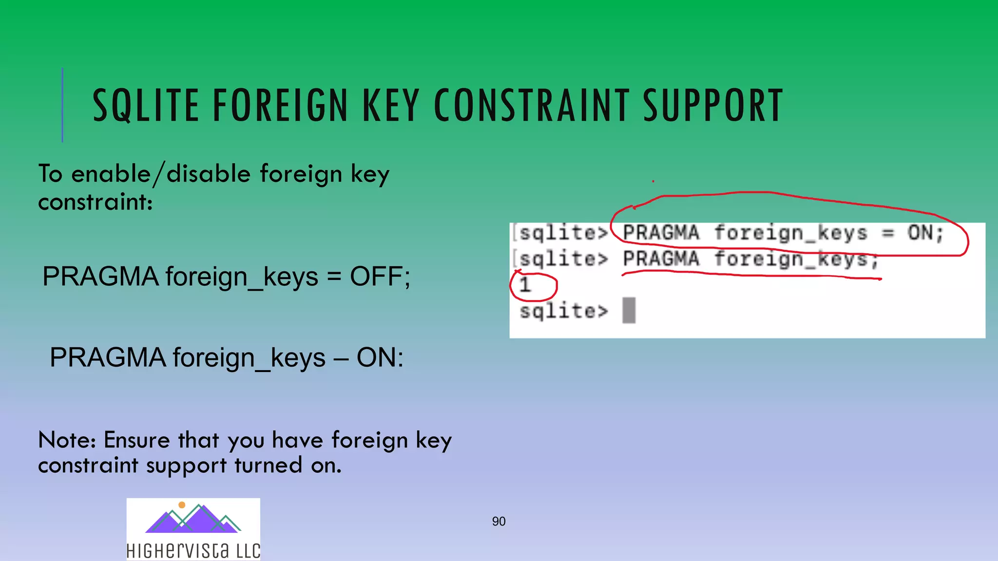 90
SQLITE FOREIGN KEY CONSTRAINT SUPPORT
To enable/disable foreign key
constraint:
PRAGMA foreign_keys = OFF;
PRAGMA foreign_keys – ON:
Note: Ensure that you have foreign key
constraint support turned on.
 